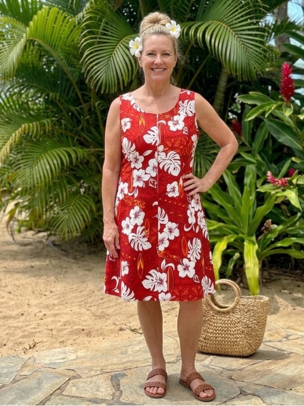 Red Floral A-Line Sundress with White Hibiscus Print 3XL Vintage Tien Yang